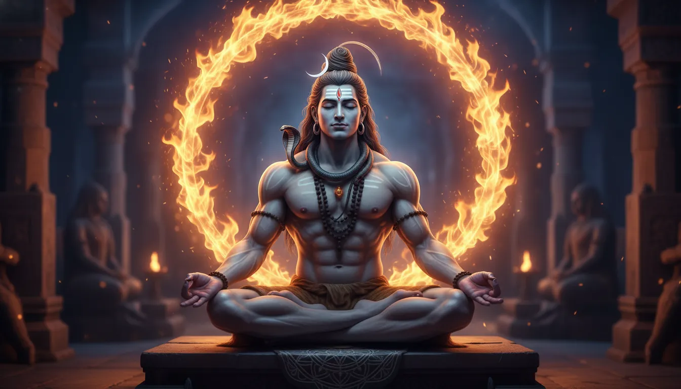 Lord Shiva sitting in Padmasana surrounded by a ring of fire and golden light.