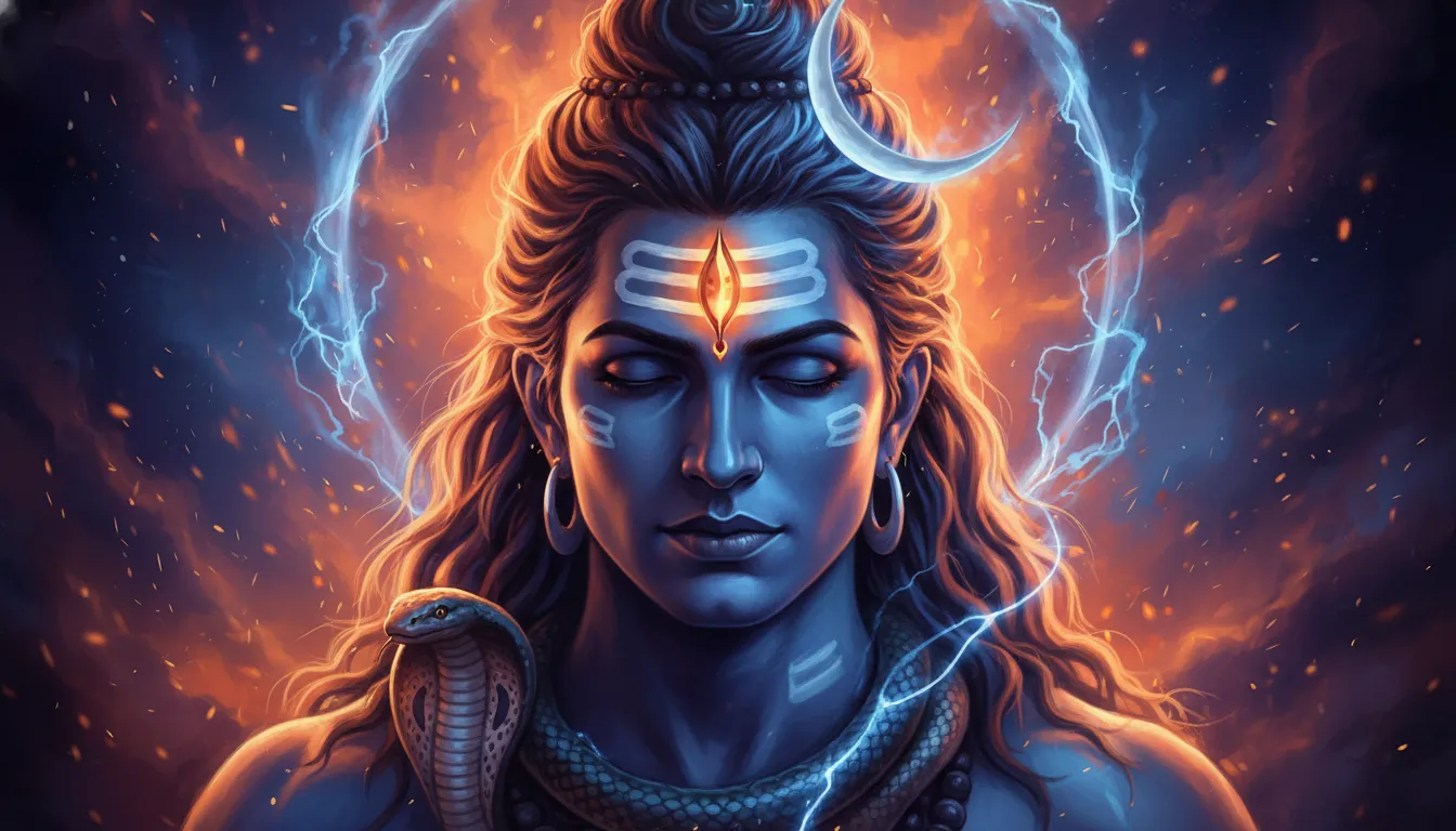 A close-up portrait of Lord Shiva with glowing orange light, a crescent moon, and cosmic energy.