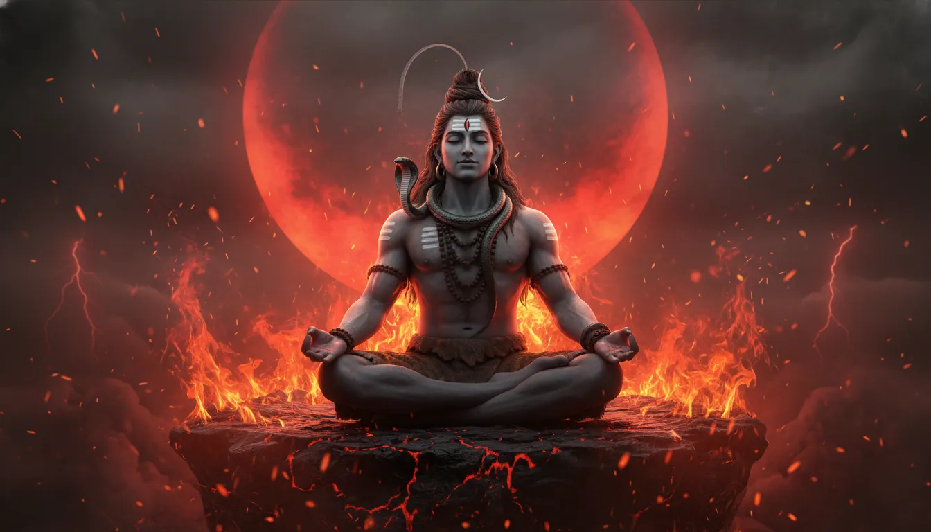 Lord Shiva meditating amidst red fire and embers under a blood-red moon.
