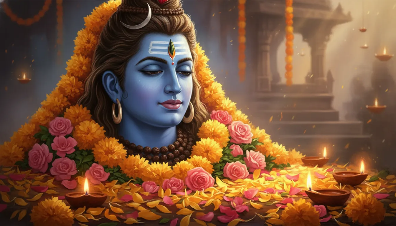 Decorative blue Shiva idol surrounded by colorful flowers and glowing oil lamps.