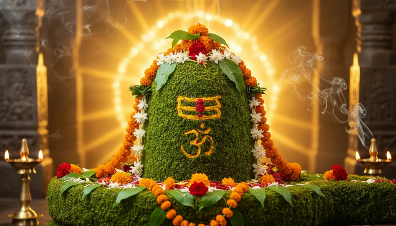 A green floral Shiva lingam is decorated with orange flowers, leaves, and sacred white markings against a warm blurred background.