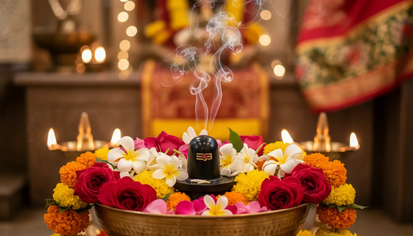 A Shiva lingam decorated with roses, jasmine flowers, petals, incense smoke, and oil lamps inside a temple.