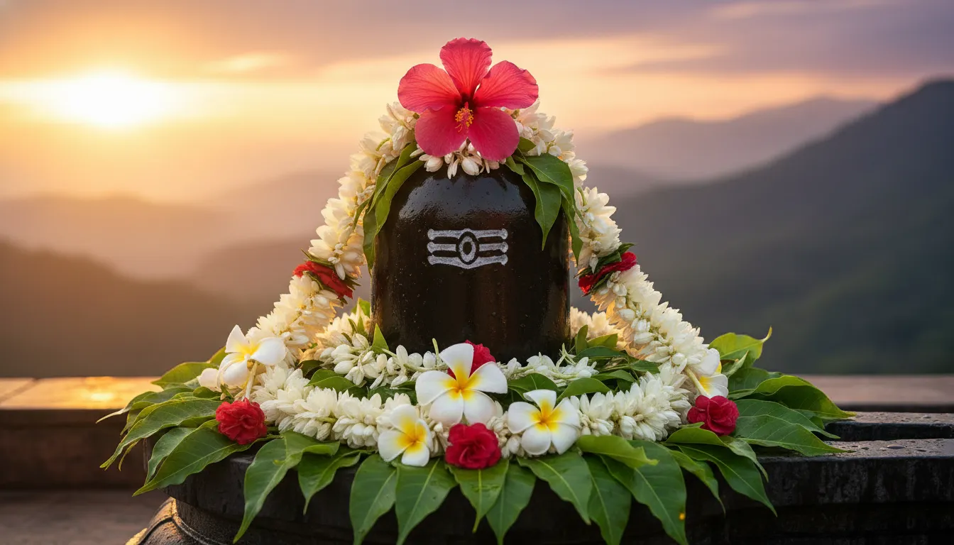 A Shiva lingam decorated with white flowers and green leaves against a warm sunset background.