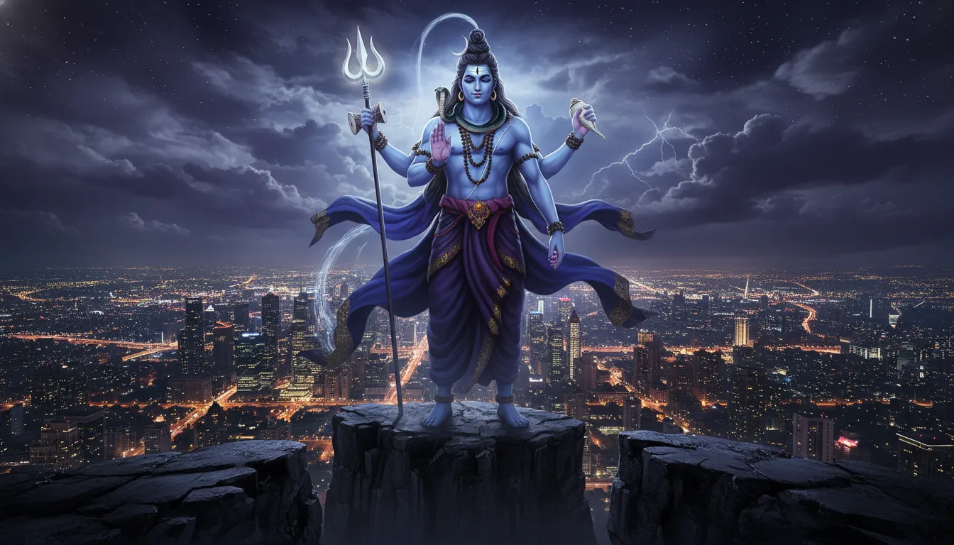 Majestic Lord Shiva standing above a glowing modern city skyline at night holding a trident.