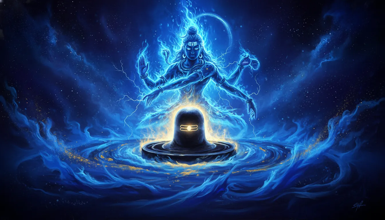 A stylized outline of Lord Shiva in black and blue flames with a glowing Shiva Lingam in the foreground.