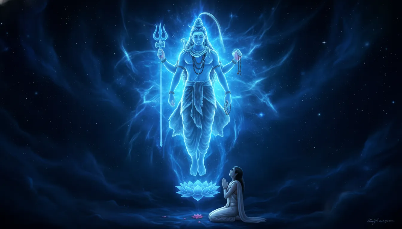 Shiva glowing with blue energy while a kneeling devotee prays below him