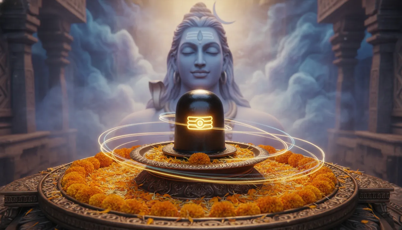 A glowing Shiva lingam surrounded by light rings with a peaceful Lord Shiva figure in the background.