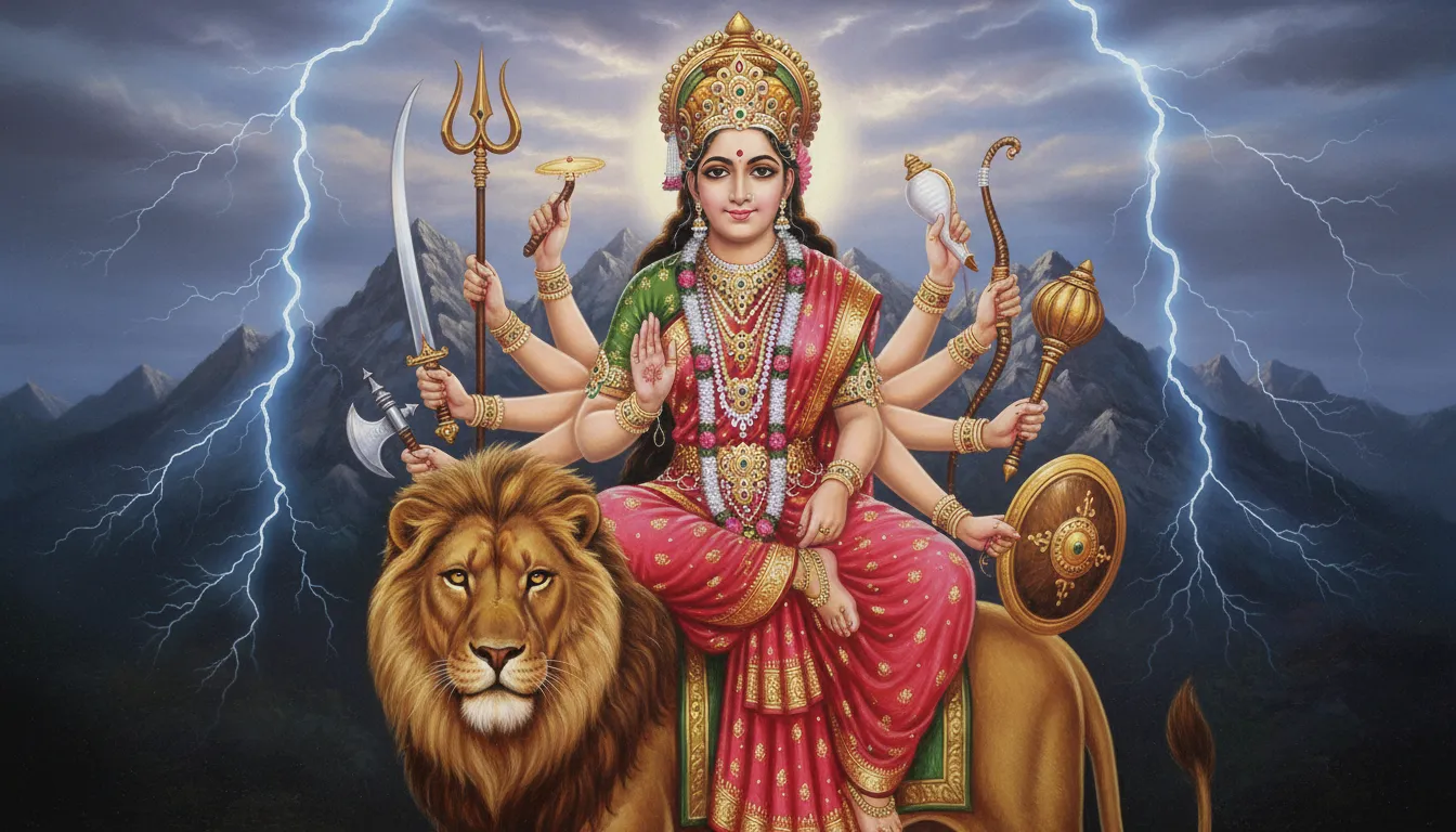 A powerful digital painting of Goddess Durga sitting on a lion, holding various divine weapons in her many hands.