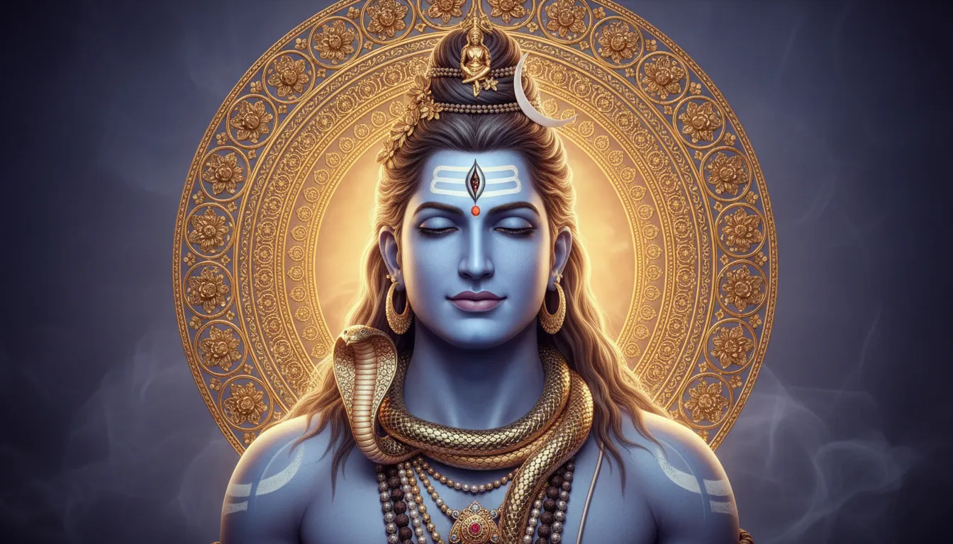 Elegant golden portrait artwork of Lord Shiva with ornate decorative patterns and glowing details.