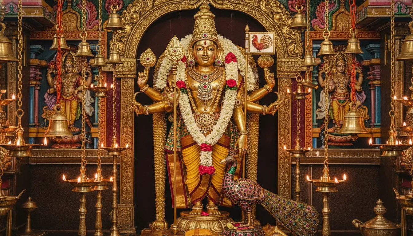 A golden statue of Lord Murugan decorated with flower garlands and pearl ornaments, holding a spear and standing in a temple setting.