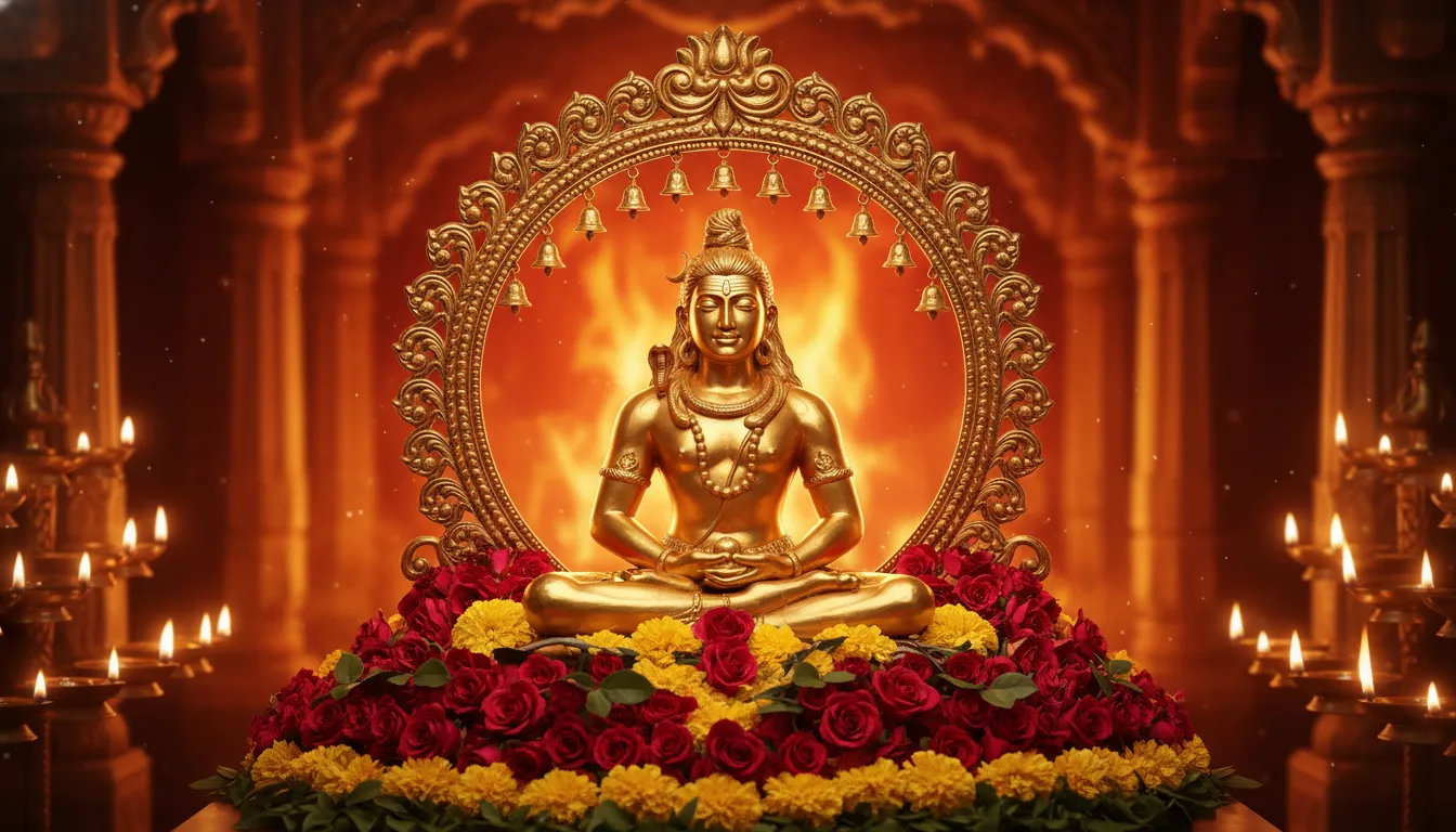 A golden seated Lord Shiva statue is decorated with red and yellow flowers, surrounded by glowing oil lamps.