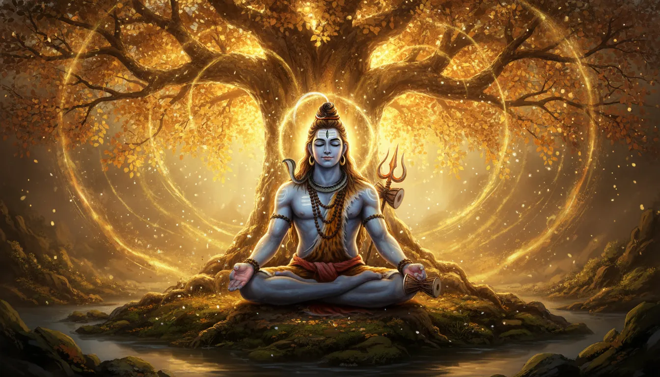 Golden Lord Shiva meditating beneath a glowing sacred tree.