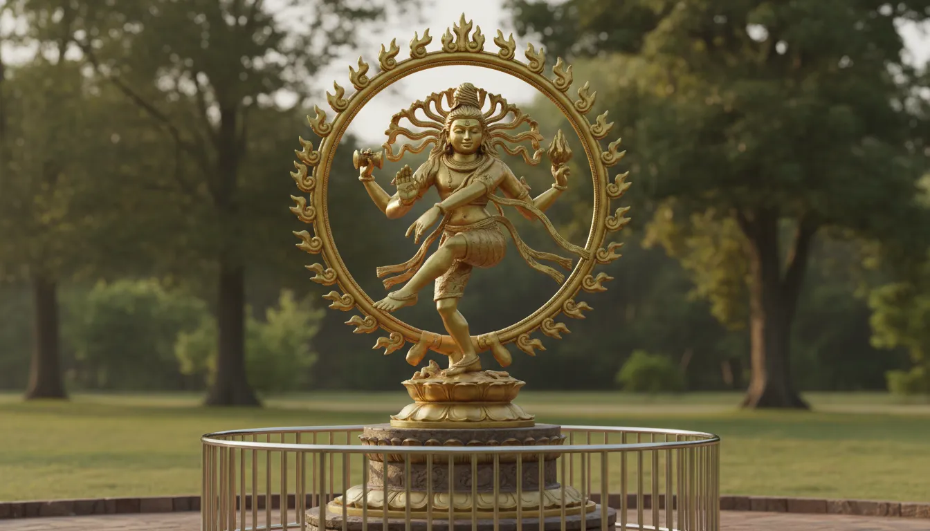 A golden Nataraja statue dances inside a circular flame ring against a warm glowing background.