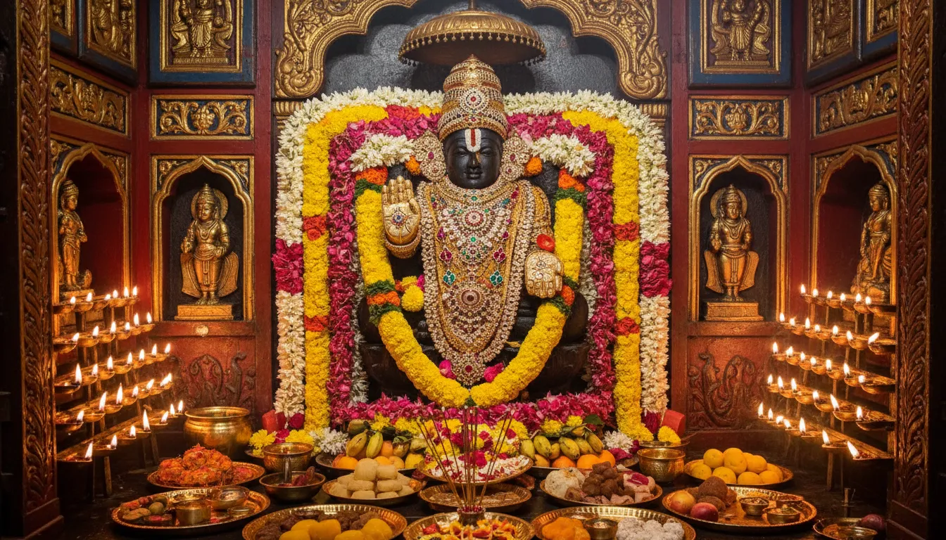 A golden seated divine statue surrounded by lamps, flowers, and offerings inside a temple setting.