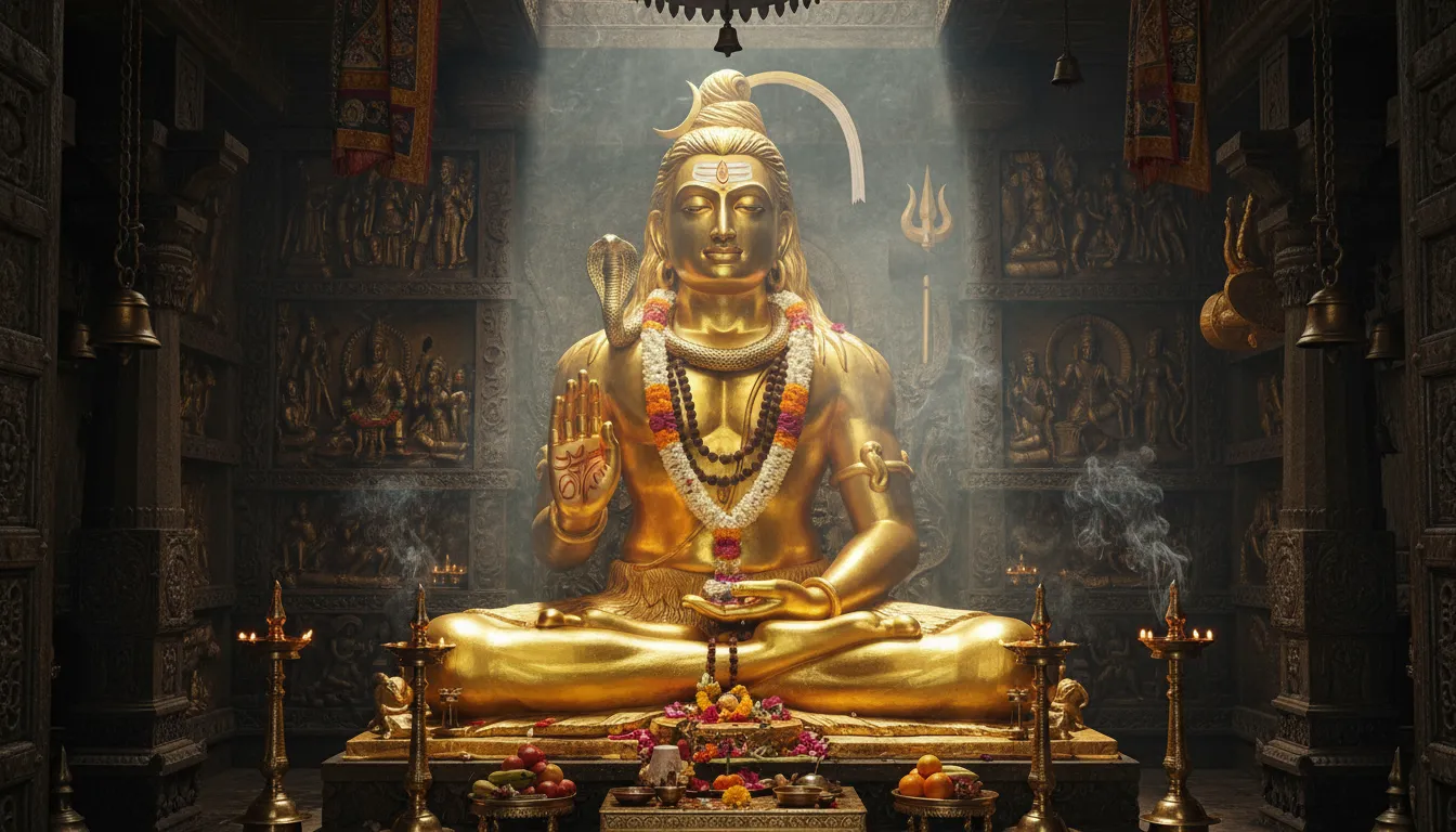Golden-toned statue of Lord Shiva with flower garland and sacred temple background.