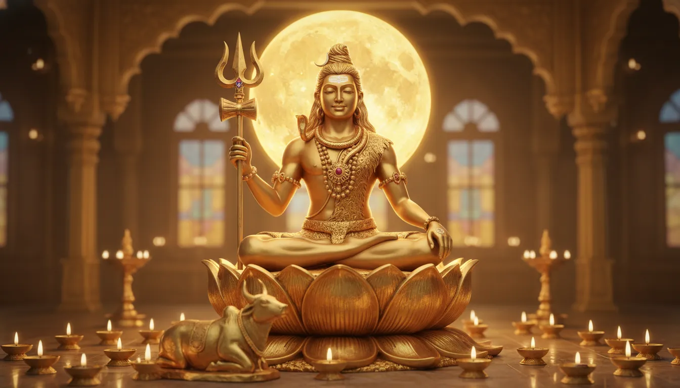 Golden statue of Lord Shiva seated in meditation with a glowing moon behind him.