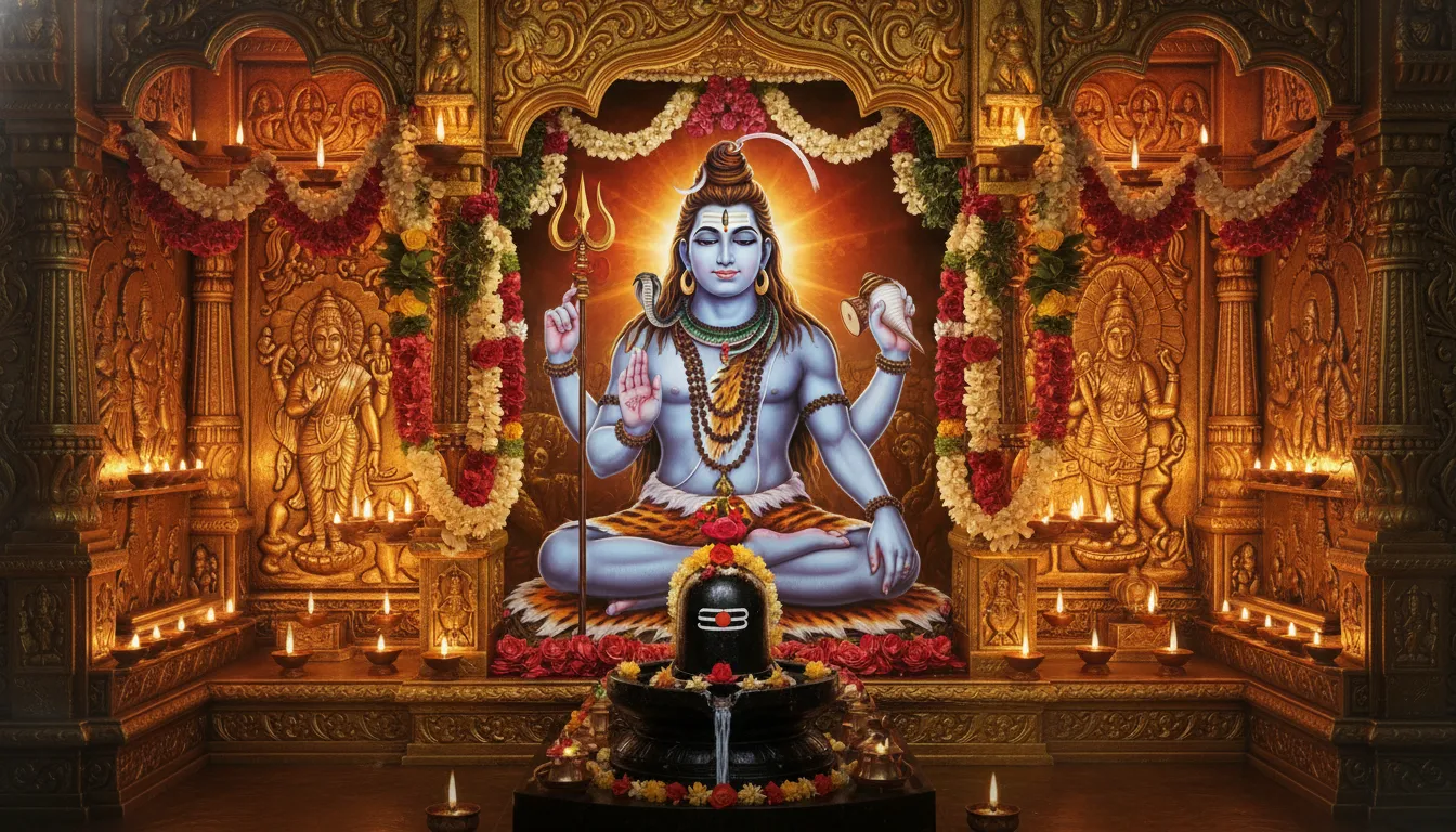Elegant portrait of Lord Shiva inside a richly decorated golden temple with floral decorations and lamps.