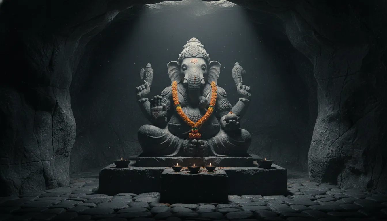 A grey elephant-faced seated deity inside a dark shrine with a flower garland.