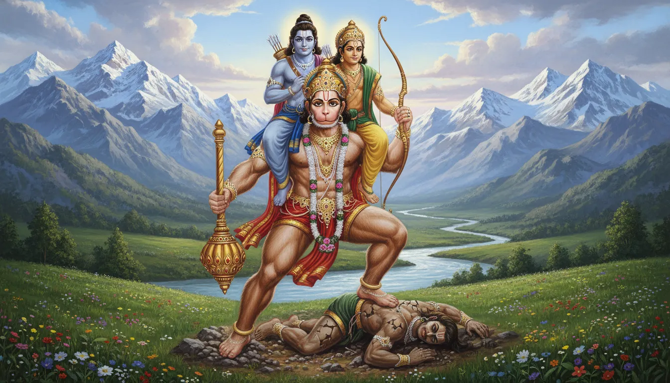 A colorful devotional illustration of Hanuman carrying two divine figures on his shoulders while standing in a scenic valley with mountains and a river.