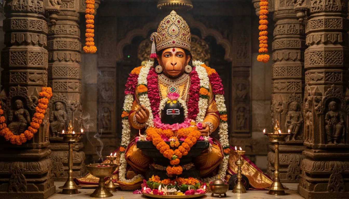 Hanuman figure embracing a black Shiva lingam decorated with marigold garlands, flowers, and temple lamps.