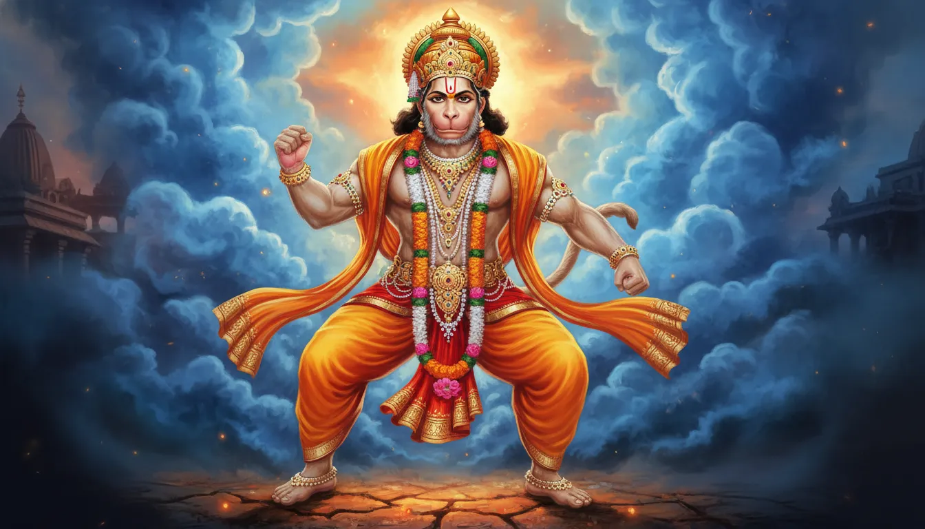 Hanuman figure in ornate clothing and jewelry emerging from thick blue smoke with an intense expression.
