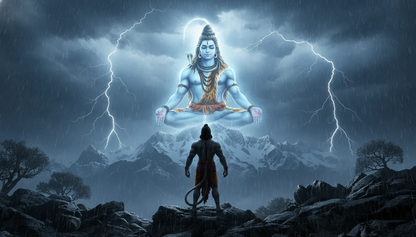 Hanuman stands before a floating Shiva figure above snowy mountains during lightning and rain.