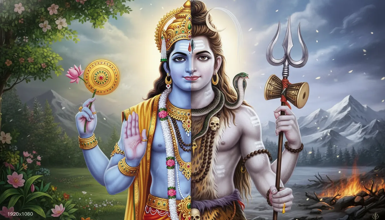 A split image showing Lord Vishnu on the left and Lord Shiva’s fierce form on the right.