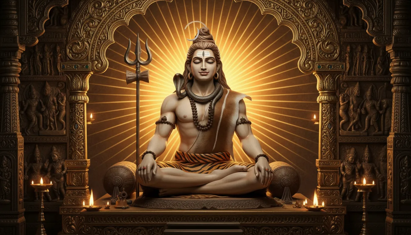 Decorative idol of Lord Shiva seated on a throne with glowing lights and temple décor.
