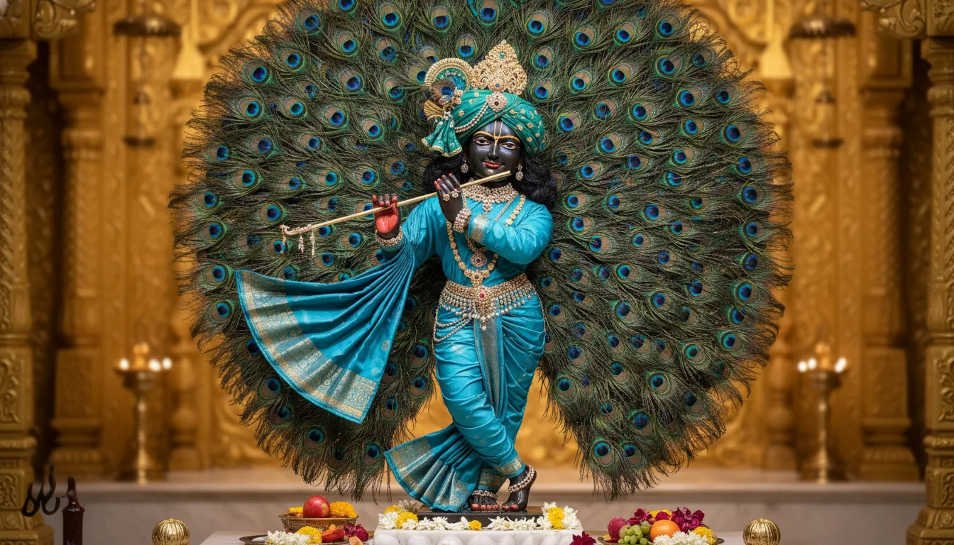 A colorful Krishna statue playing a flute, dressed in blue and green clothing with a large peacock feather display behind it.