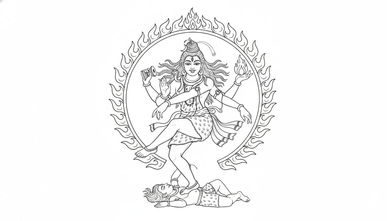 A black-and-white line drawing of Nataraja dancing with multiple arms, standing above a small figure on a pedestal.