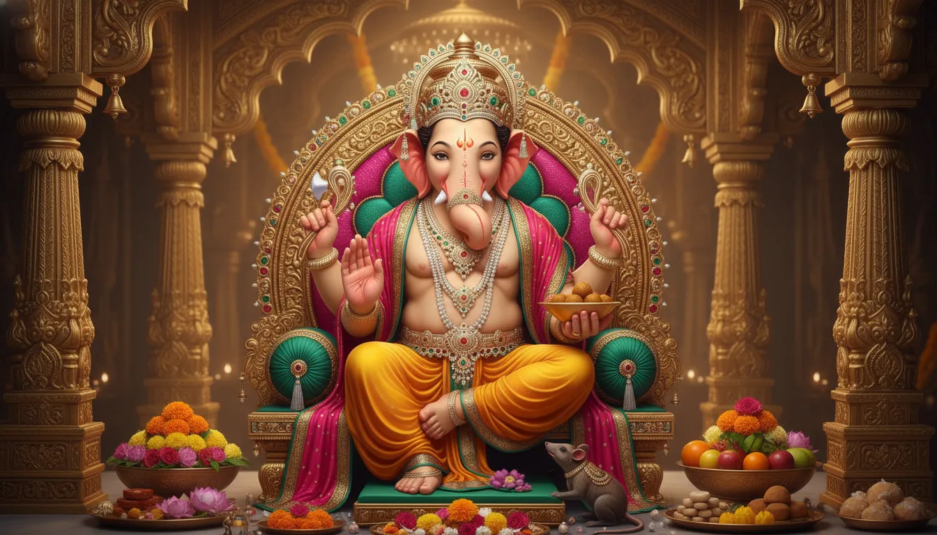 Lord Ganesha seated on an ornate golden throne, holding sacred objects with a small mouse near his feet.