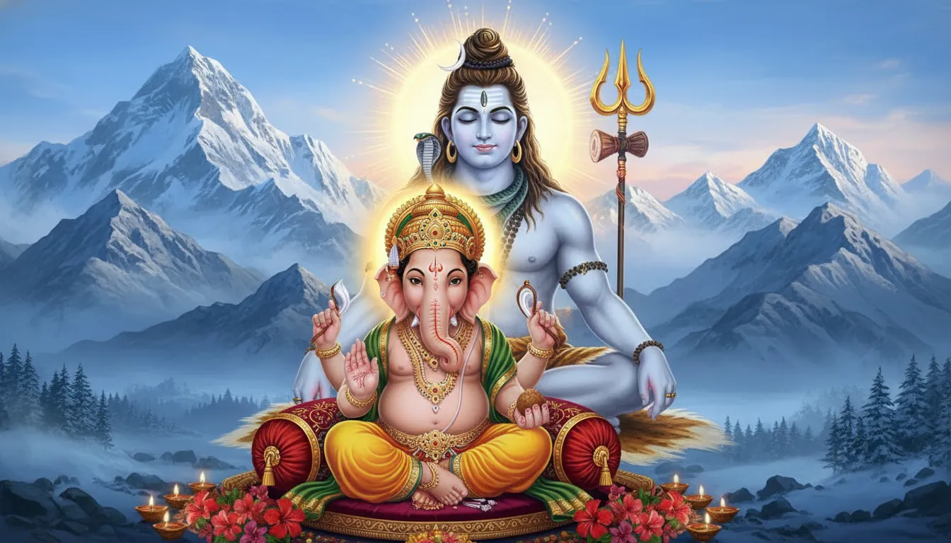 Lord Ganesha seated on a cushion with a glowing halo, while a large image of Lord Shiva appears behind him among snowy mountains.