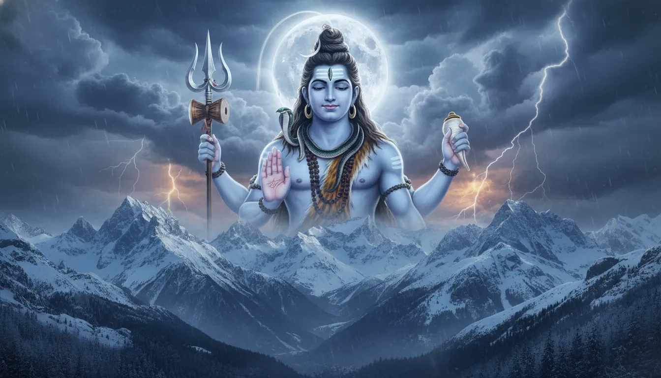 A giant form of Lord Shiva rising above snowy mountains under a glowing moonlit sky.