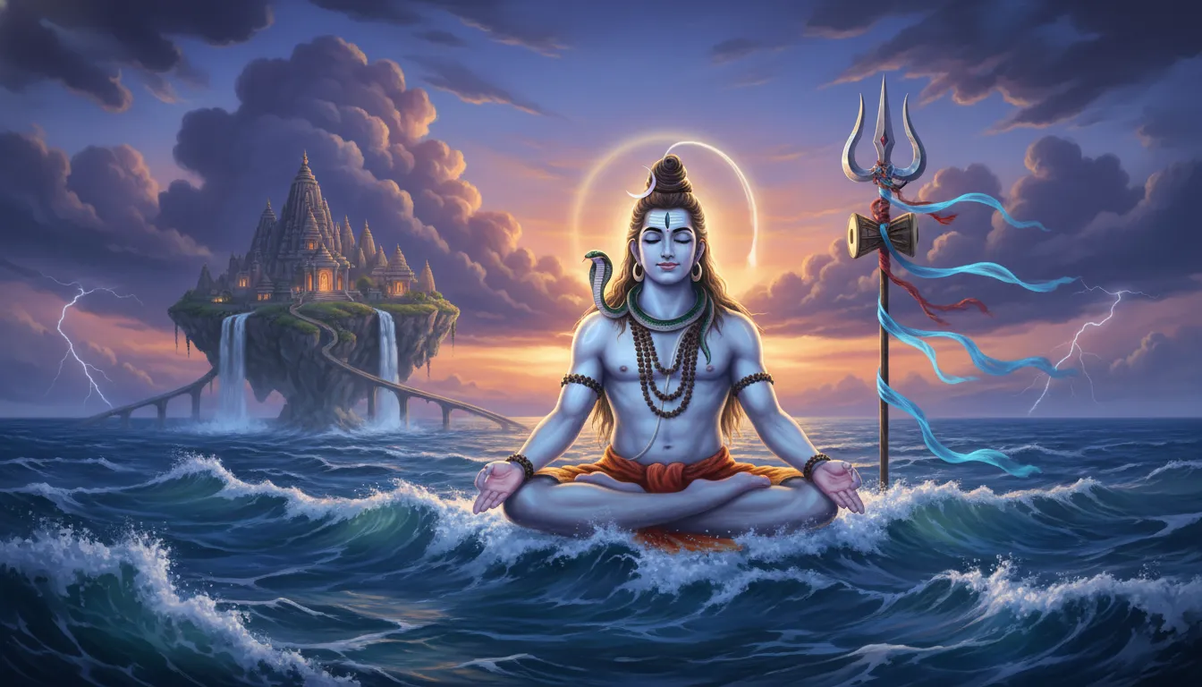 A blue-toned depiction of Lord Shiva seated calmly above ocean waves with a trident beside him.