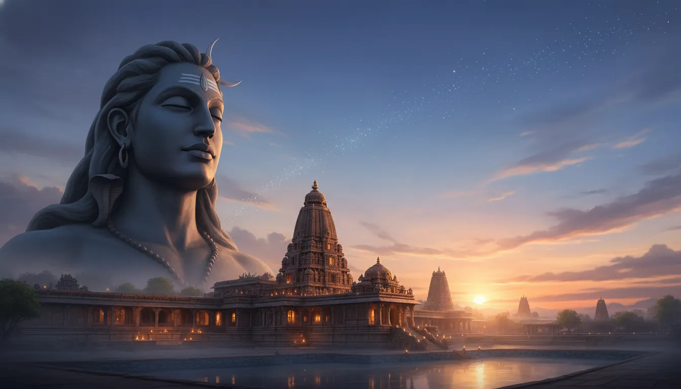 A giant dark statue of Lord Shiva's face behind a traditional stone temple during sunset