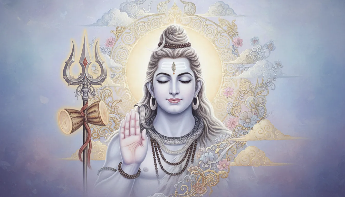 A glowing white and blue illustration of Lord Shiva in a blessing gesture (Abhaya Mudra).
