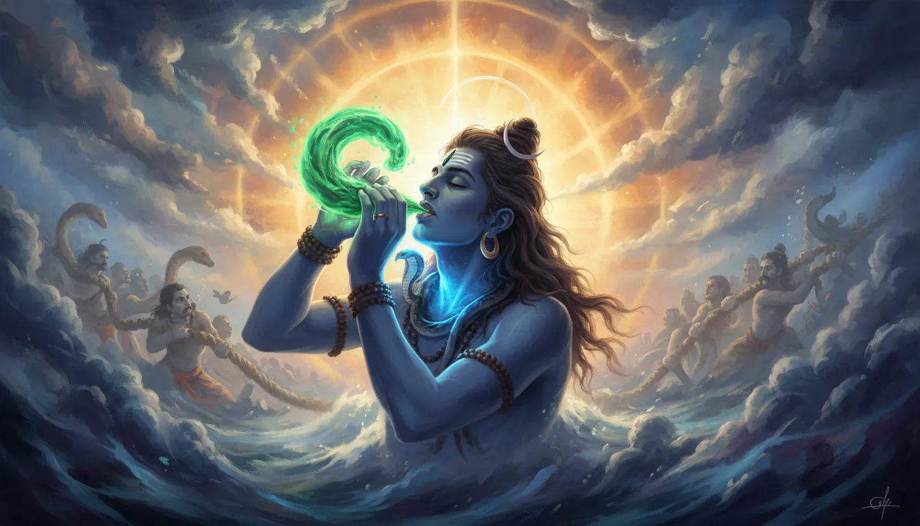 Lord Shiva drinking the green poison to save the world, with his throat glowing blue.