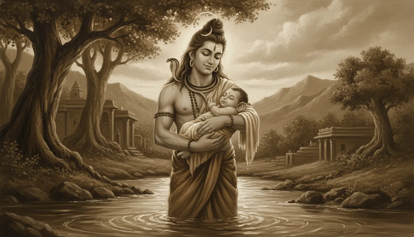 A vintage-style sepia image of Lord Shiva holding a sleeping baby Ganesha in his arms.