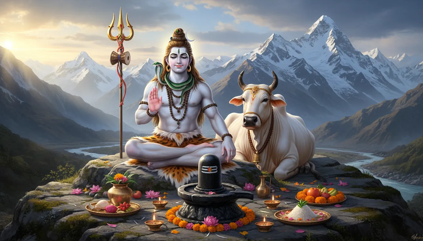 Lord Shiva seated with a trident, white bull, Shiva Lingam, lamps, and offerings around him.