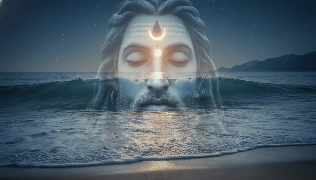 A peaceful face of Lord Shiva overlaid with a serene blue ocean and beach landscape.