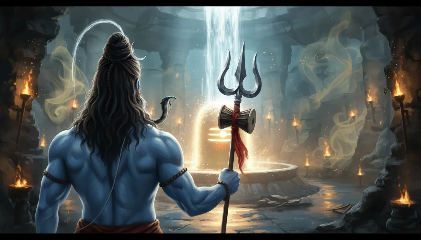Rear view of Lord Shiva standing before a giant Shiva Lingam with a waterfall.