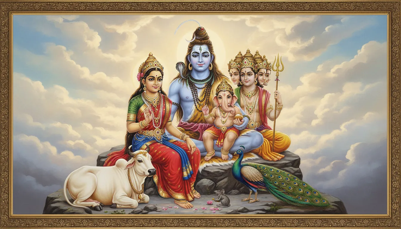 A divine family portrait featuring Lord Shiva, Goddess Parvati, Lord Ganesha, and Lord Kartikeya sitting together on Mount Kailash.