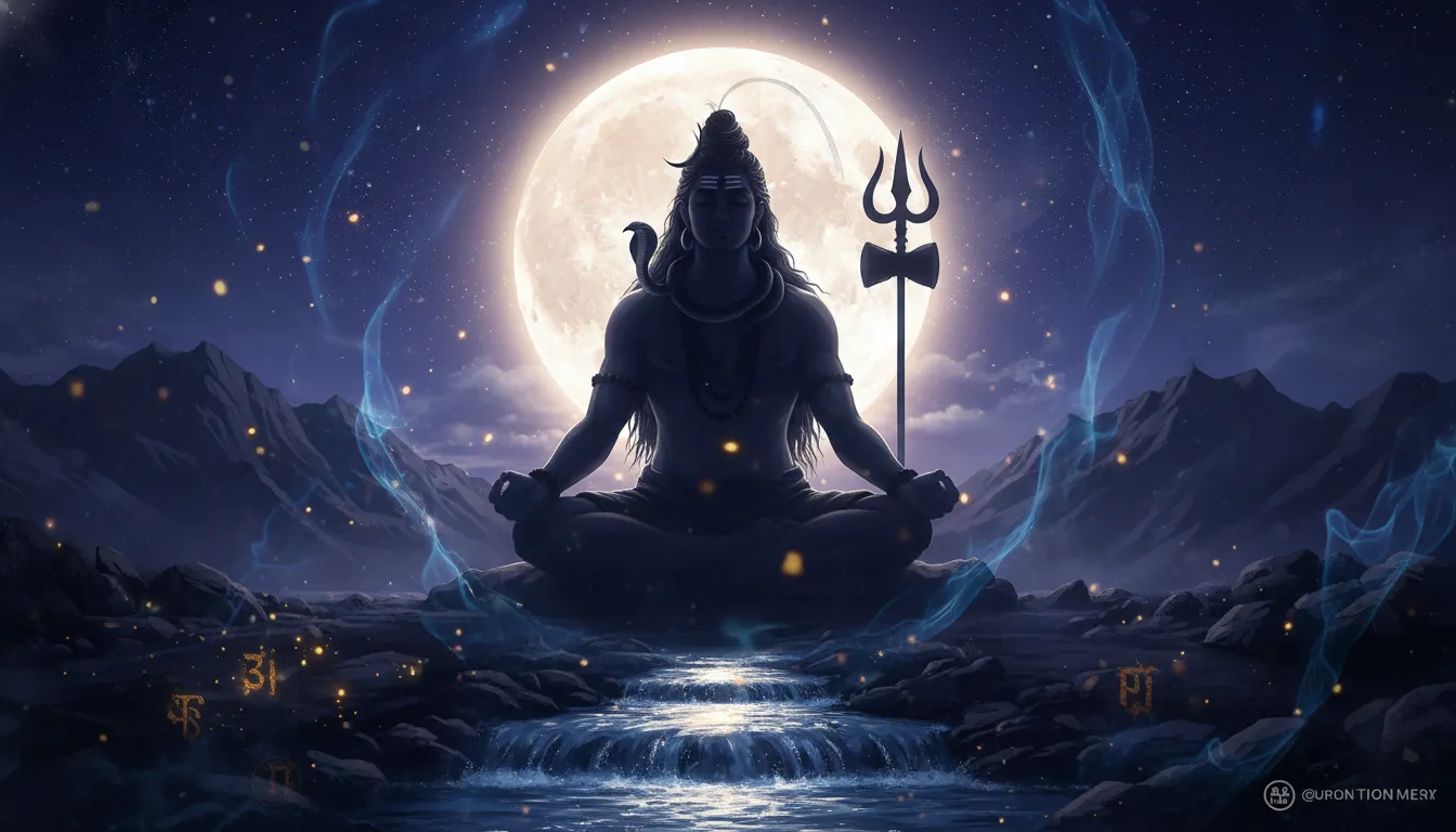 Lord Shiva with a glowing full moon behind him in a spiritual wallpaper scene.