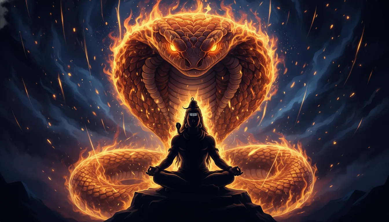 Silhouette of Lord Shiva meditating on a rock with a massive, fire-breathing cobra rising behind him.