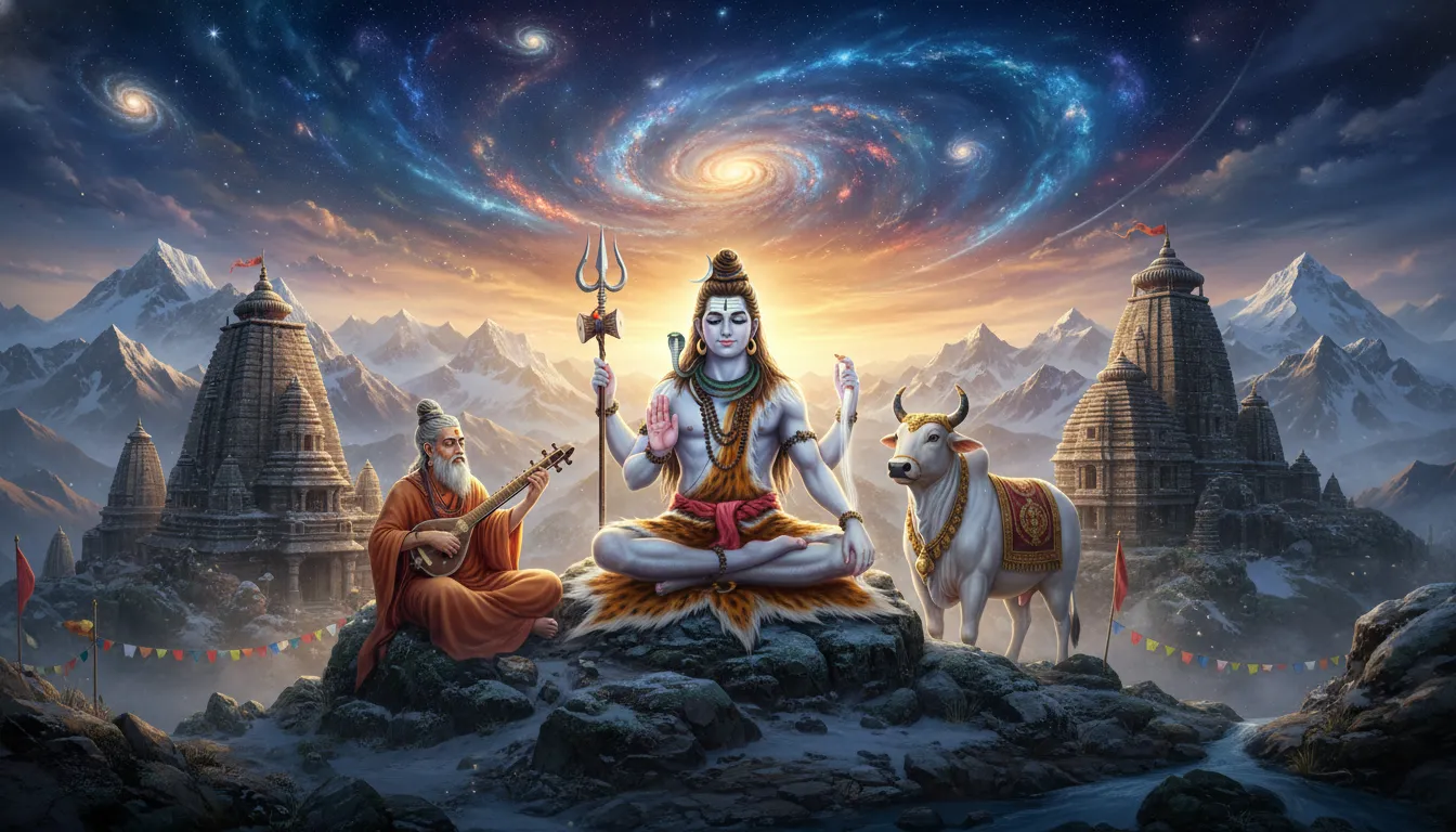 Lord Shiva sitting on a snowy mountain with Nandi and a devotee playing a Veena.
