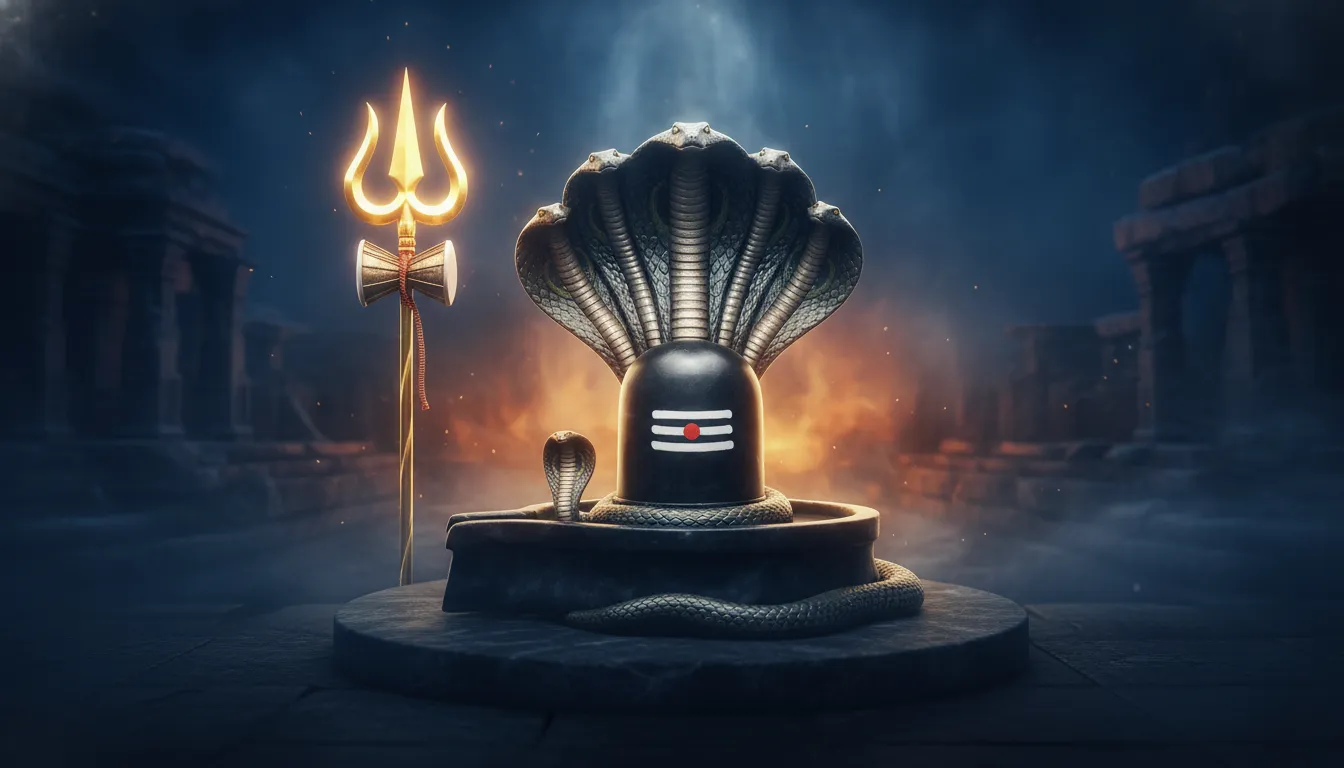 A meditative depiction of a Shiva Lingam protected by a multi-headed cobra (Sheshnag) with a golden Trishul in the background.