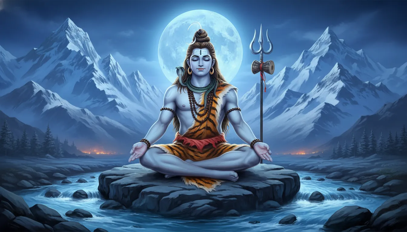 Lord Shiva sitting in meditation on a rocky mountain stream with a bright full moon and snowy peaks in the background.