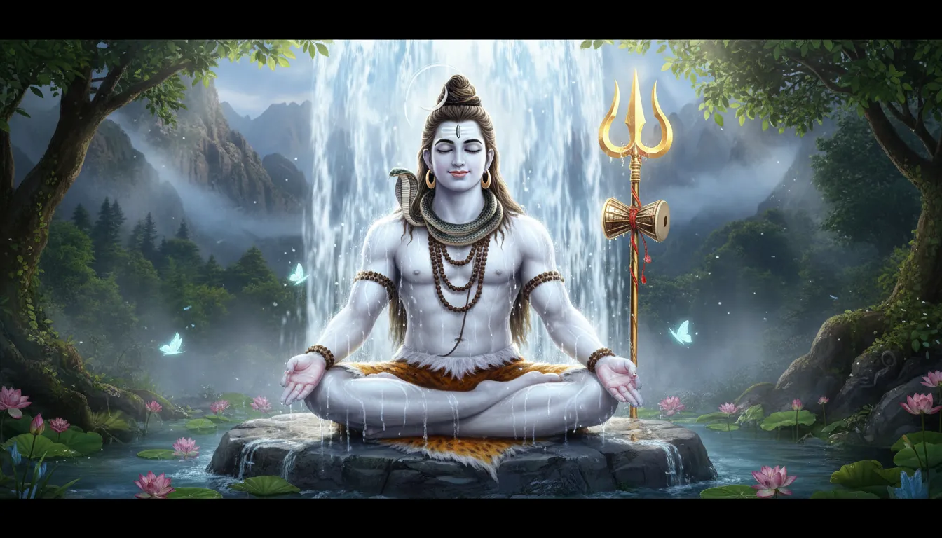 Lord Shiva sitting in deep meditation with water from a waterfall cascading over his head and shoulders.
