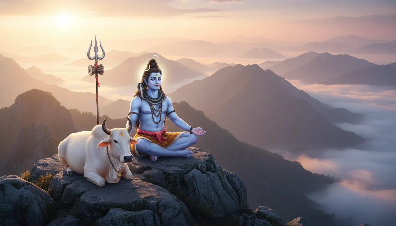 : Lord Shiva seated in meditation beside a white bull on a mountain peak at sunrise.