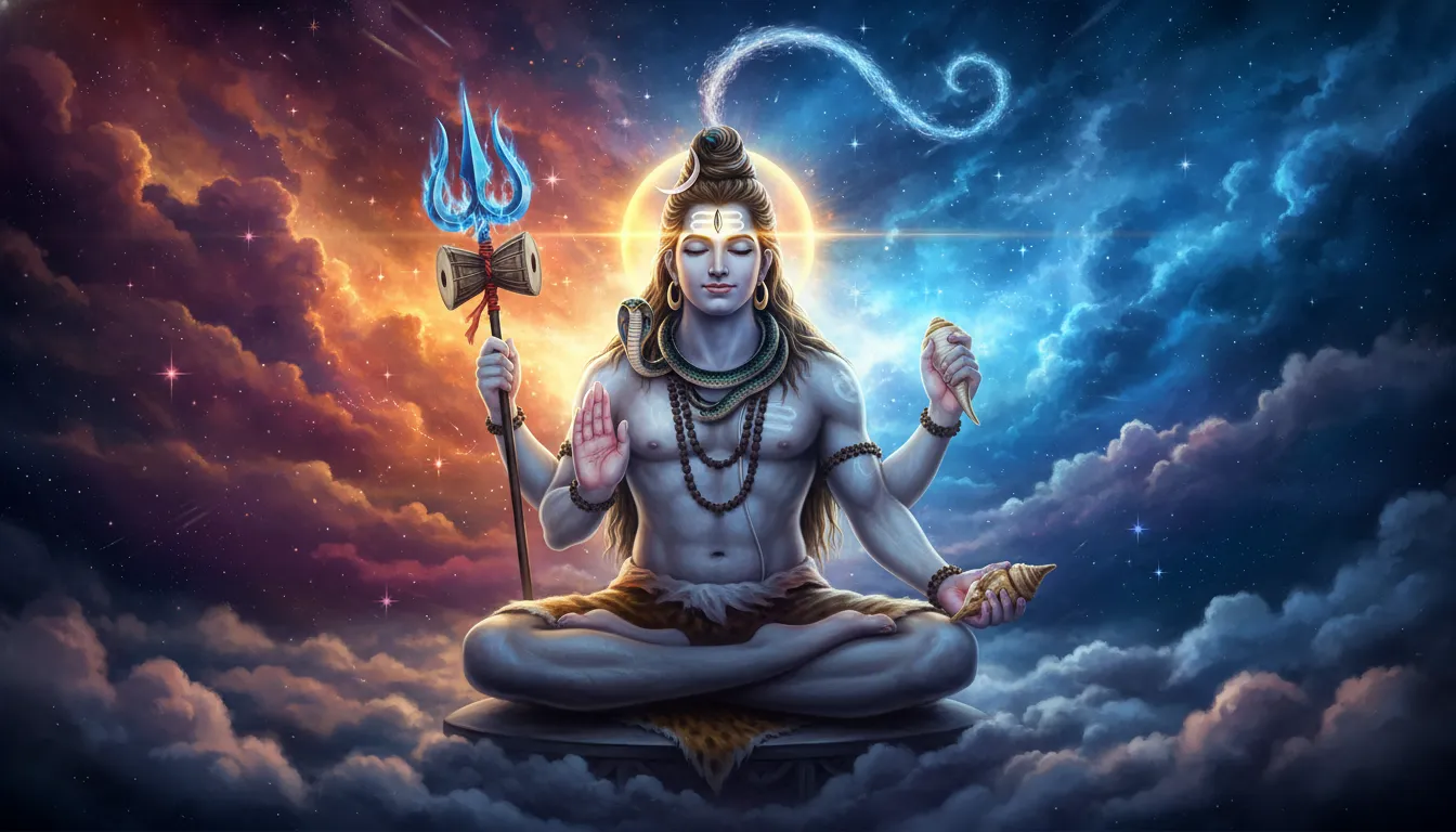 Lord Shiva sitting in a meditative posture (Padmasana) with a glowing third eye against a cosmic circular background.